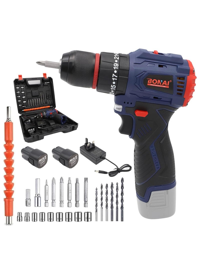Bonai 24V Max Battery Operated Drill Machine with Integrated Torch, 2 Batteries, Accessory Set