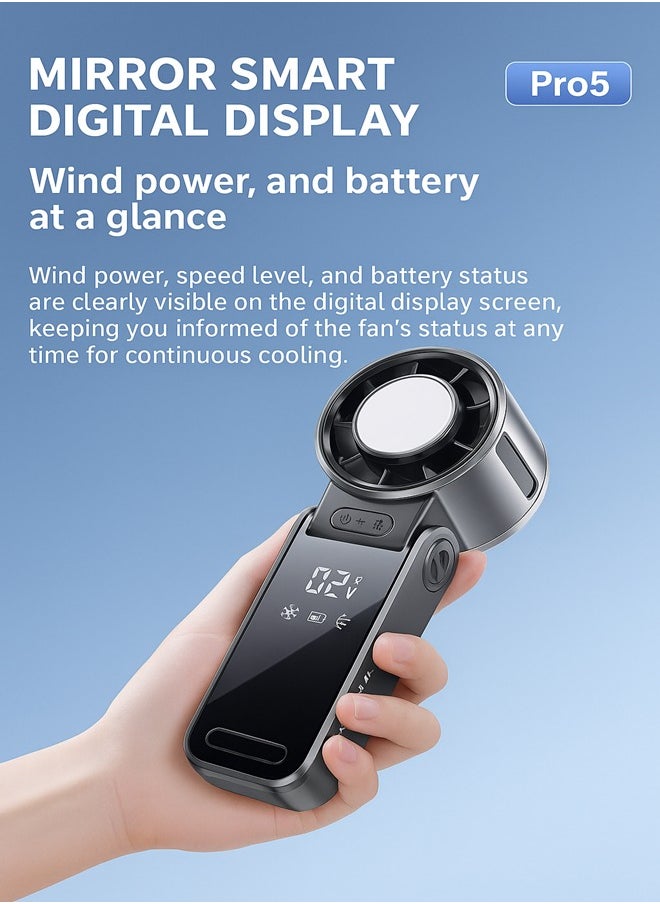 Handheld Turbo Cooling Fan, Foldable Portable Design, Smart Display, 3-in-1 Use, Strong Wind Power, White