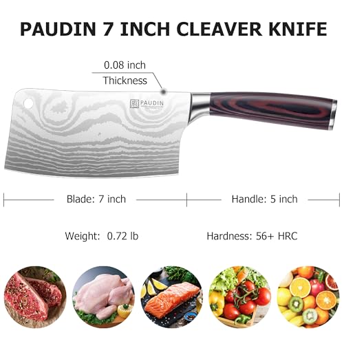PAUDIN Cleaver Knife, Ultra Sharp Meat Cleaver 7 Inch, High Carbon Stainless Steel Butcher Knife with Wooden Handle, Chinese Cleaver for Meat Cutting Vegetable Slicing - Image 2