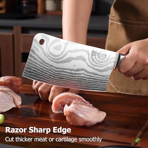 PAUDIN Cleaver Knife, Ultra Sharp Meat Cleaver 7 Inch, High Carbon Stainless Steel Butcher Knife with Wooden Handle, Chinese Cleaver for Meat Cutting Vegetable Slicing - Image 5