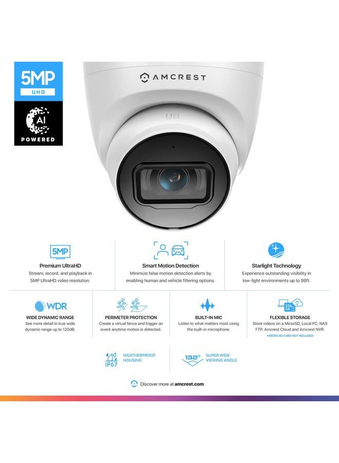 AMCREST 5MP UltraHD Outdoor Security IP Turret PoE Camera with Mic/Audio, 5-Megapixel, 98ft NightVision, 2.8mm Lens, IP67 Weatherproof, MicroSD Recording (256GB), White (IP5M-T1179EW-28MM) - Image 2