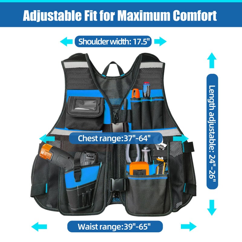 TooCust Electrician Tool Vest for Men, Tool Vest Electrician with Molded Drill Holster, 1680D Heavy Duty Adjustable Work Vest, Reflective Workwear with 16 Storage Spaces (Blue) - Image 4