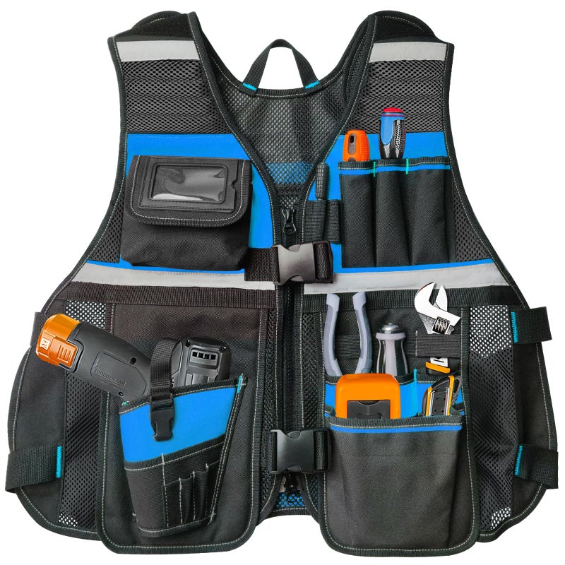 TooCust Electrician Tool Vest for Men, Tool Vest Electrician with Molded Drill Holster, 1680D Heavy Duty Adjustable Work Vest, Reflective Workwear with 16 Storage Spaces (Blue) - Image 1