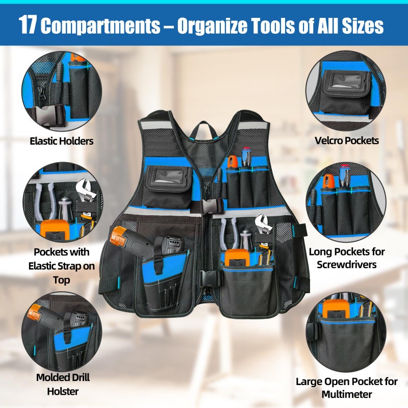 TooCust Electrician Tool Vest for Men, Tool Vest Electrician with Molded Drill Holster, 1680D Heavy Duty Adjustable Work Vest, Reflective Workwear with 16 Storage Spaces (Blue) - Image 3