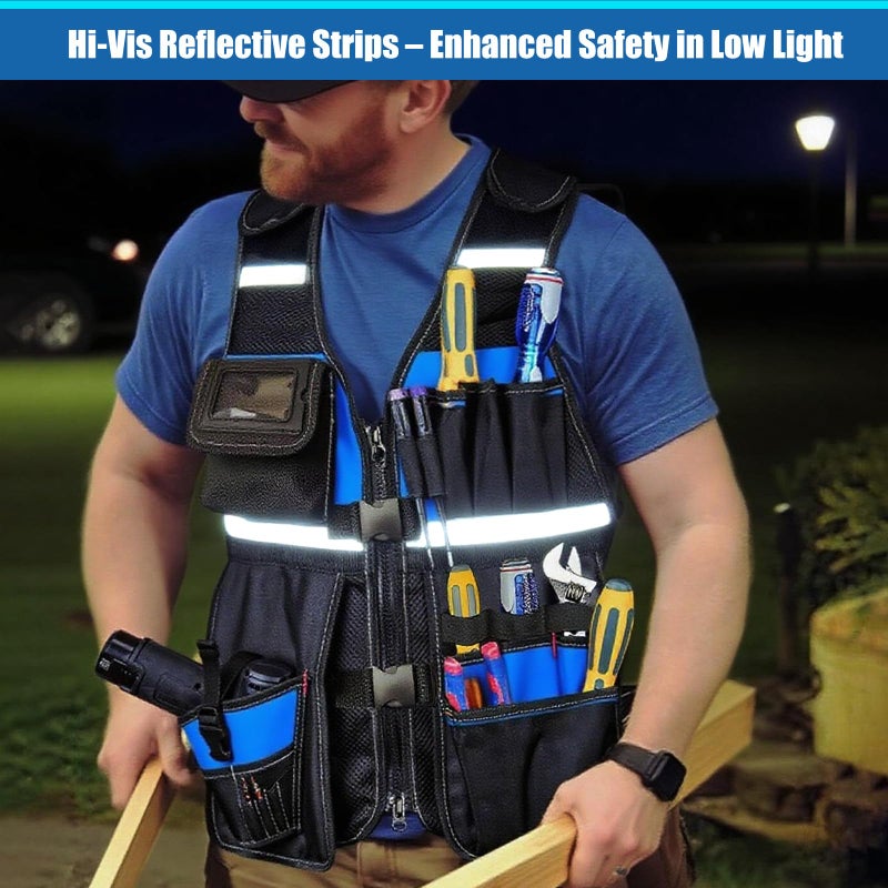 TooCust Electrician Tool Vest for Men, Tool Vest Electrician with Molded Drill Holster, 1680D Heavy Duty Adjustable Work Vest, Reflective Workwear with 16 Storage Spaces (Blue) - Image 5