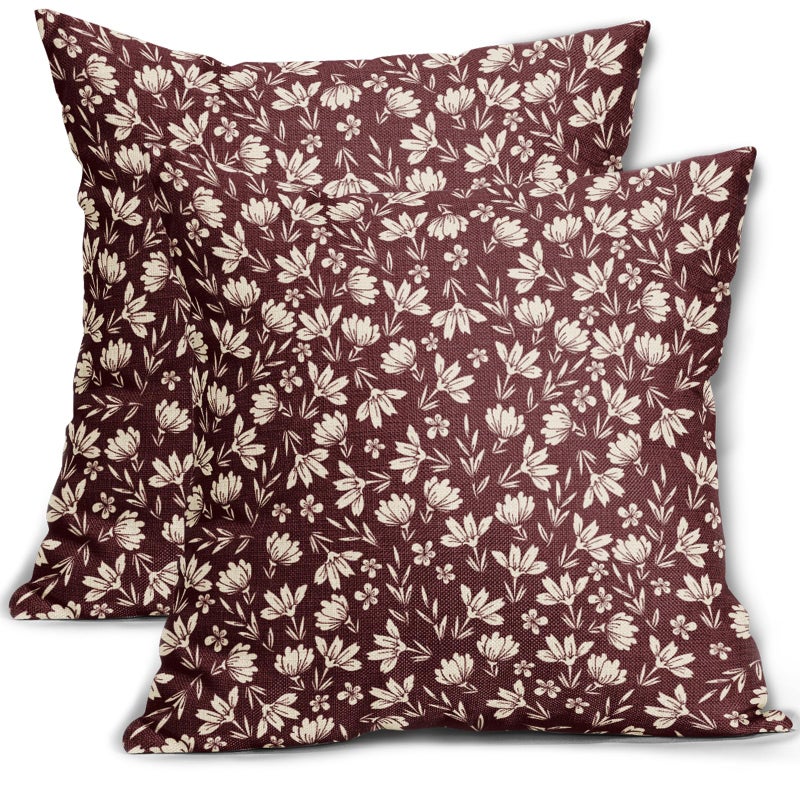Aytipun Burgundy Pillow Covers 18x18 Set of 2 Vintage Floral Rustic Old Style Cute Flower Print Decorative Outdoor Pillowcases Seasonal Farmhouse Throw Cushion Case Decor for Couch Sofa Bed - Image 1