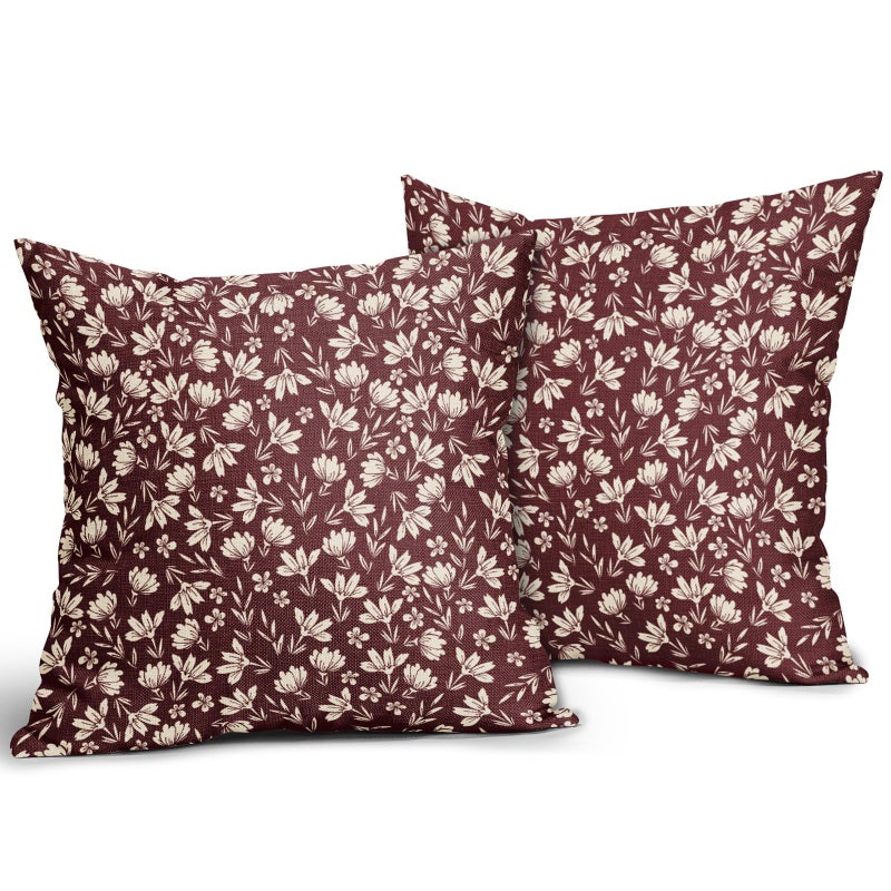 Aytipun Burgundy Pillow Covers 18x18 Set of 2 Vintage Floral Rustic Old Style Cute Flower Print Decorative Outdoor Pillowcases Seasonal Farmhouse Throw Cushion Case Decor for Couch Sofa Bed - Image 2