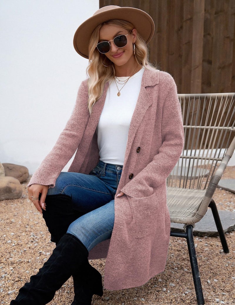 CiCiBird Women Fall Long Cardigan Sweater Trendy Knit Jacket Coat Dressy Blazer Coatigan Pink M - Image 3