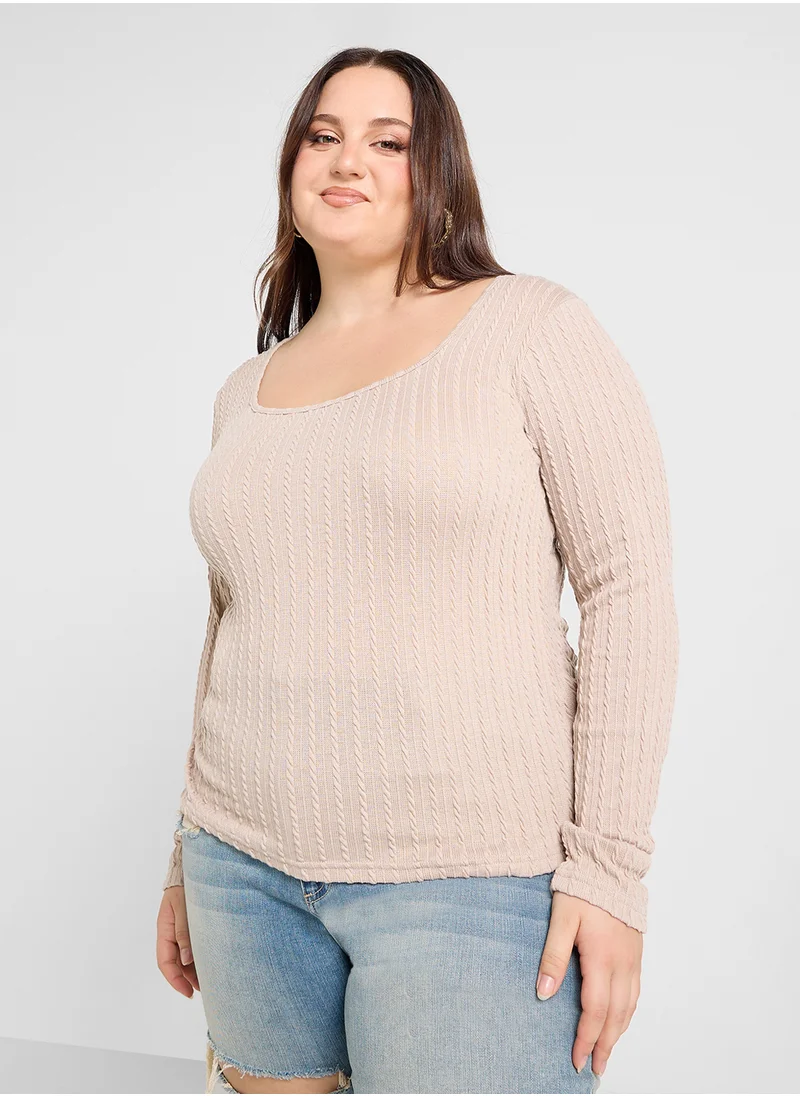 Ginger Plus Ribbed Scoop Neck Long Sleeves Top