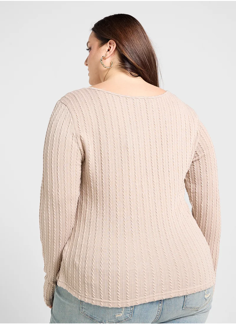 جينجر بلس Ribbed Scoop Neck Long Sleeves Top