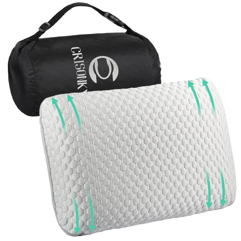 Crisonky Travel and Camping Pillow Compressible Medium Firm Memory Foam Pillow with Carry Bag for Backpacking Airplane Lumbar Support Breathable Cooling Fabric Washable Pillowcase Royal Silver