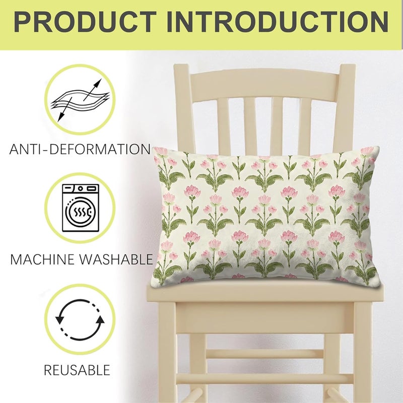 Identiy Pink Green Vintage Floral Throw Pillow Cover 12x20 Inch Pack of 2, Cute Blooming Flowers Decorative Pillow Case, Lumar Cushion Cases Pillow Cover for Home Sofa Couch Indoor Outdoor - Image 4