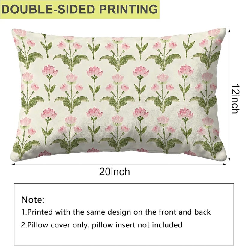Identiy Pink Green Vintage Floral Throw Pillow Cover 12x20 Inch Pack of 2, Cute Blooming Flowers Decorative Pillow Case, Lumar Cushion Cases Pillow Cover for Home Sofa Couch Indoor Outdoor - Image 2