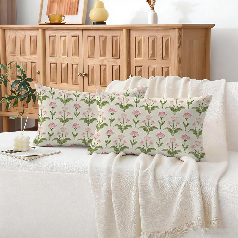 Identiy Pink Green Vintage Floral Throw Pillow Cover 12x20 Inch Pack of 2, Cute Blooming Flowers Decorative Pillow Case, Lumar Cushion Cases Pillow Cover for Home Sofa Couch Indoor Outdoor - Image 5