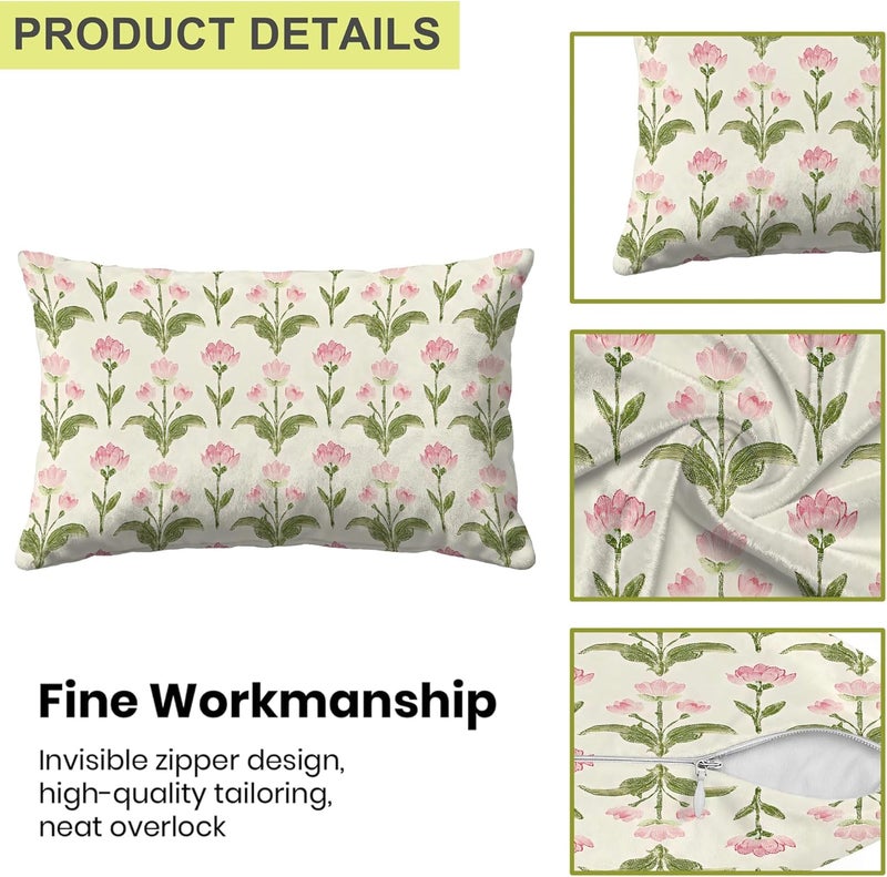 Identiy Pink Green Vintage Floral Throw Pillow Cover 12x20 Inch Pack of 2, Cute Blooming Flowers Decorative Pillow Case, Lumar Cushion Cases Pillow Cover for Home Sofa Couch Indoor Outdoor - Image 3