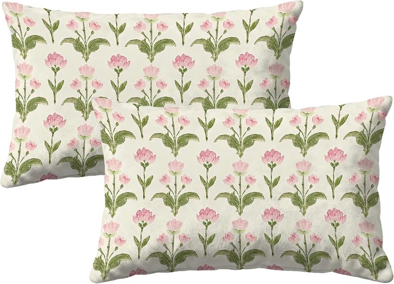 Identiy Pink Green Vintage Floral Throw Pillow Cover 12x20 Inch Pack of 2, Cute Blooming Flowers Decorative Pillow Case, Lumar Cushion Cases Pillow Cover for Home Sofa Couch Indoor Outdoor - Image 1