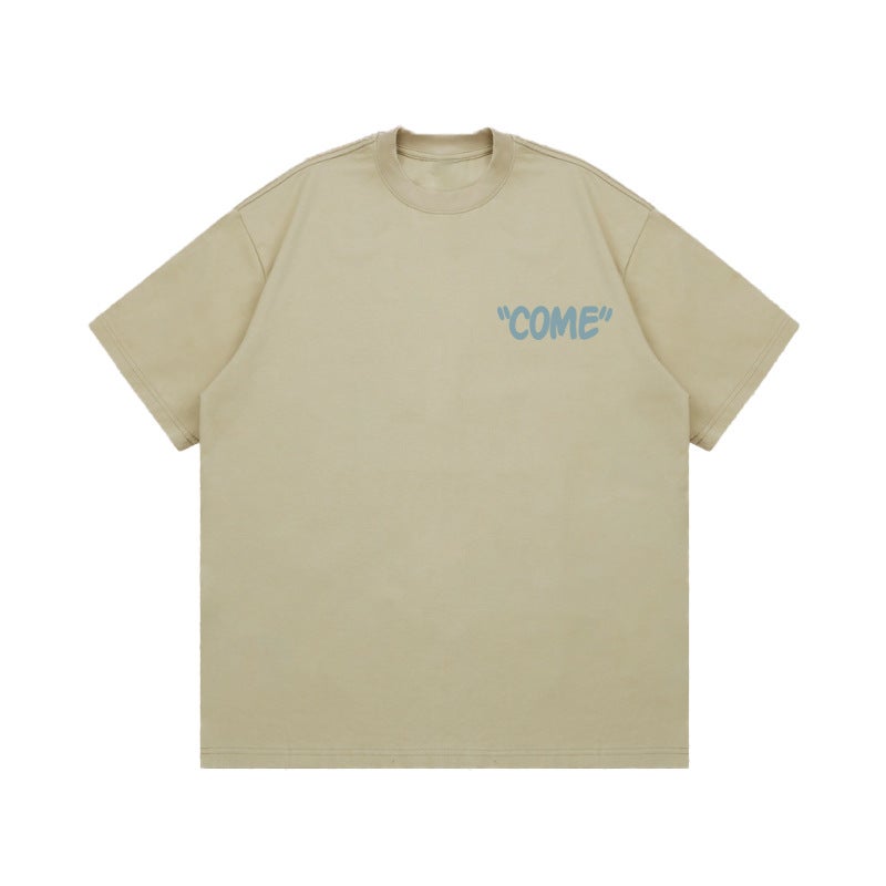 Heavy Opaque 260G American Small Neckline Letter Print White Loose Plus Size All-Match Short Sleeve Couple T-Shirt - Image 1