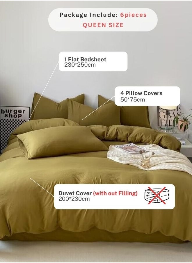 LUNA Home - Queen Size 6 piece Bedding Set Without Filling, Washable Cotton Khaki Color. - Image 1