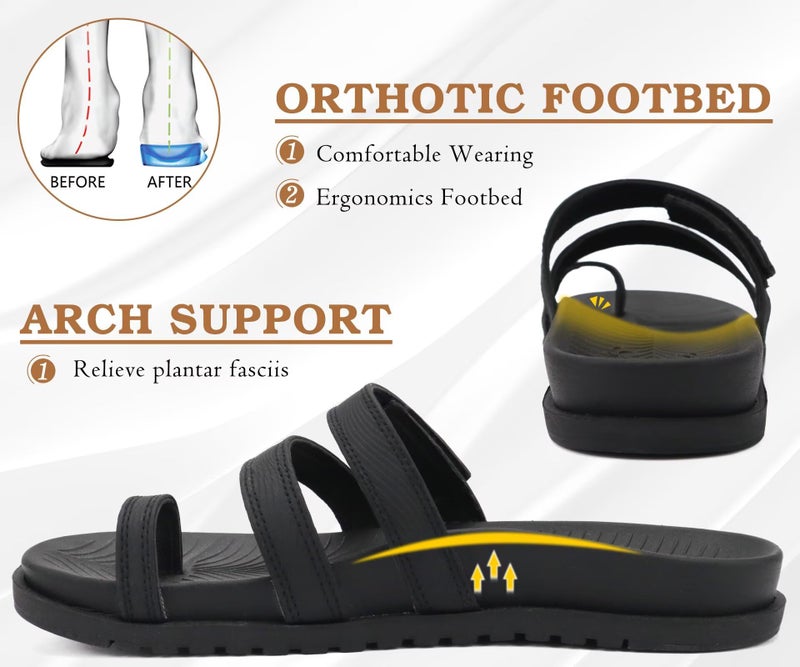 KuaiLu Womens Slides Sandals With Arch Support Comfort Plantar Fasciitis Yoga Mat Cushion Sandals Fashion Summer Beach Walking Adjustable Ladies Flat Orthopedic Slip On Sandles Black Size 9 - Image 4