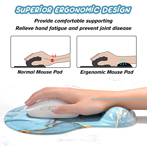 Hsurbtra Ergonomic Mouse Pad with Wrist Rest Support, Gel Mouse Pads with Non-Slip PU Base, Pain Relief Memory Foam Computer Mat, Cute Office Supplies Desk Decro Accessories, Blue Marble - Image 2