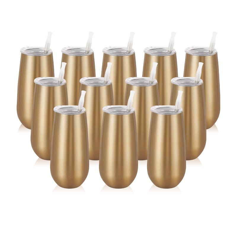 12 Pack Stemless Champagne Flutes 6 Oz Insulated Tumblers Double Insulated Unbreakable Glasses for Friends Birthday Christmas Wedding Gold