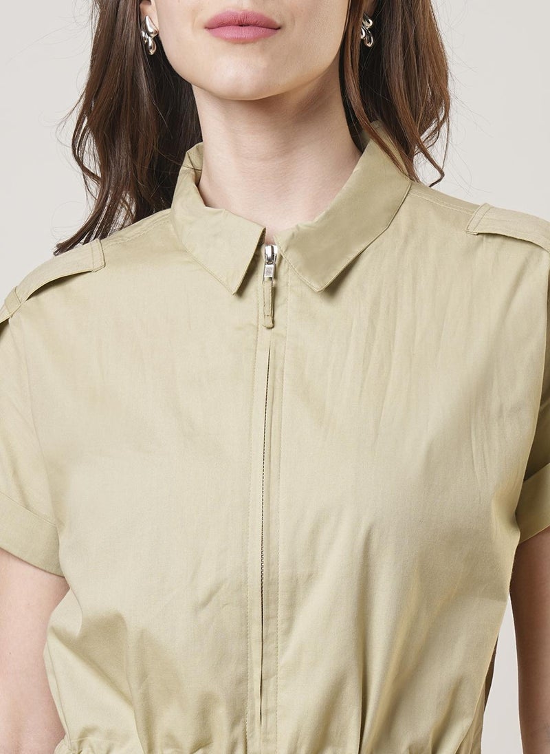 Globus Women Extended Sleeves Shirt Collar Waist Tie-Up Front Zip Closure Playsuit - Image 5