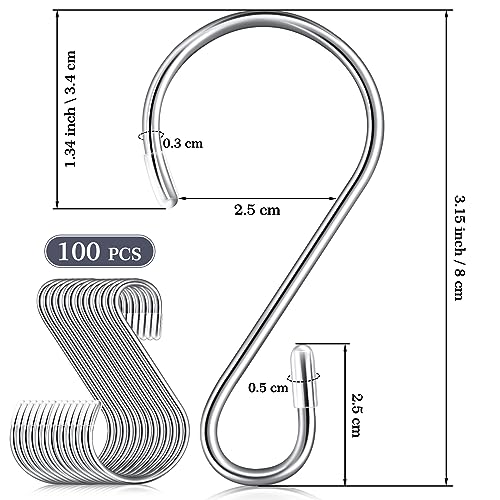 Hotop 100 Pcs S Hooks for Hanging 315 Inch Stainless Steel Hooks Metal Curtain Hook Pan Pot Holder Rack for Hanging Pot Pan Cups Plants Bags Jeans Towels Silver - Image 3