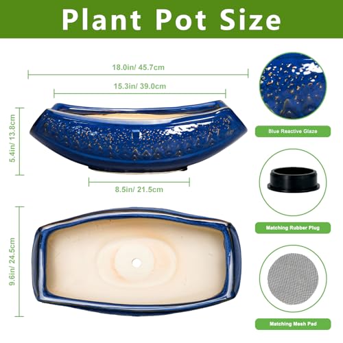 Teagas Bonsai Pots - 18 Inch Large Ceramic Succulent Pots for Indoor Outdoor, Bonsai Planter with Drainage Hole, Ceramic Flower Pot, Decorative Plant Pot, Gifts for Plant Lovers, Office Decor, Blue - Image 2
