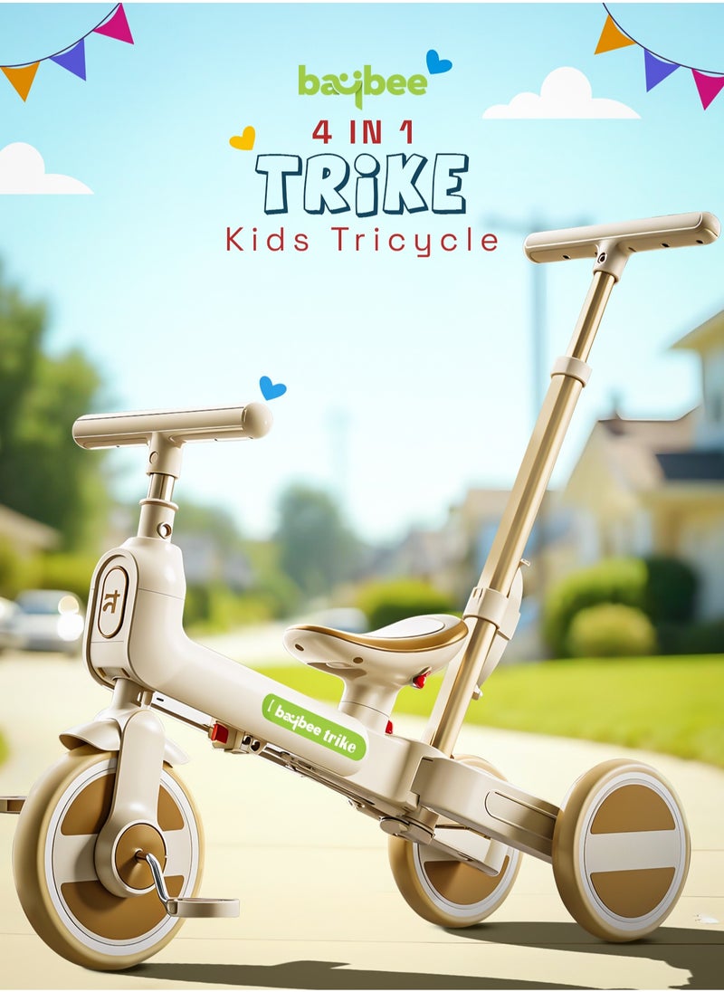 BAYBEE - Novak 4 in 1 Convertible Baby Tricycle for Kids, Baby Kids Cycle with 3 Height Adjustable Parental Handle, Balance Bike & Bicycle Mode | Foldable Kids Tricycle Cycle for Kids 1.5 to 5 Years Brown - Image 1