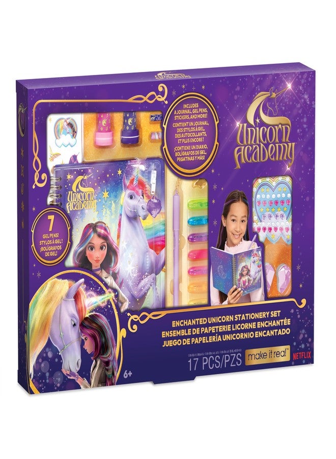 Make It Real اجعلها حقيقية: أكاديمية اليونيكورن: مجموعة قرطاسية اليونيكورن المسحورة - مجموعة دفتر 17 قطعة، أقلام جل - ملصقات - ممحاة - جواهر، مذكرات، سلسلة نيتفليكس، للأطفال 6 سنوات فما فوق - Image 1
