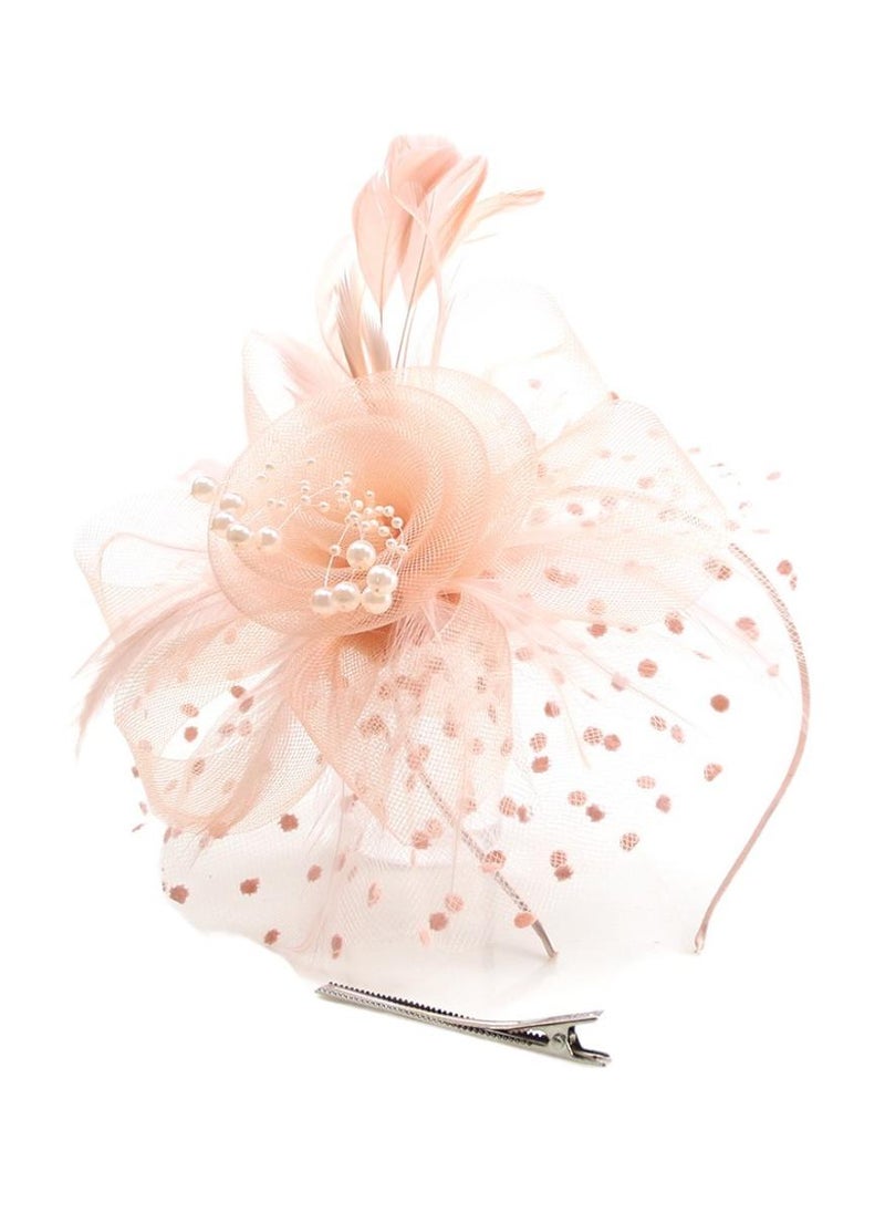 D'Daniela Ddaniela Monalisa Fascinator Hats for Women Tea Party Headband,  Hat Flower Mesh Ribbons Feathers on a Headband and a Clip Tea Party Headwear for Girls and Women Peach - Image 3