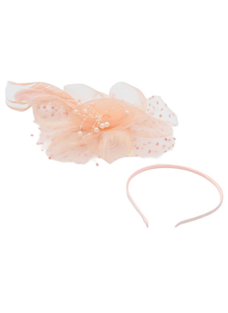 D'Daniela Ddaniela Monalisa Fascinator Hats for Women Tea Party Headband,  Hat Flower Mesh Ribbons Feathers on a Headband and a Clip Tea Party Headwear for Girls and Women Peach - Image 2