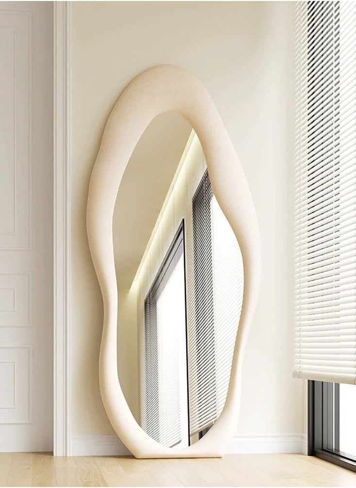 Vparty - 60x160cm Full-Length Irregular Wavy Mirror with Flannel-Wrapped Wooden Frame – White, Large Arched Design, Free Standing or Wall-Mounted, Stylish Full Body Mirror for Bedroom, Living Room, Hallway, Entryway, Modern Home Decor (White) - Image 1