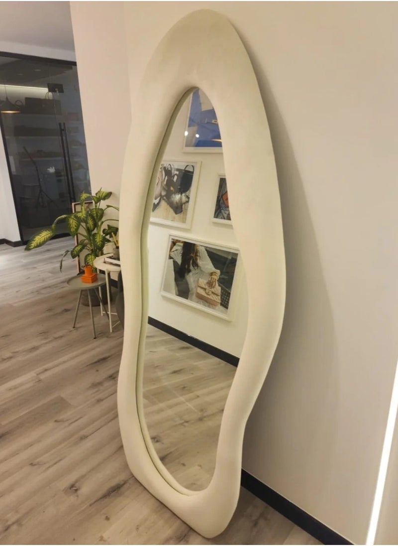 Vparty - 60x160cm Full-Length Irregular Wavy Mirror with Flannel-Wrapped Wooden Frame – White, Large Arched Design, Free Standing or Wall-Mounted, Stylish Full Body Mirror for Bedroom, Living Room, Hallway, Entryway, Modern Home Decor (White) - Image 1