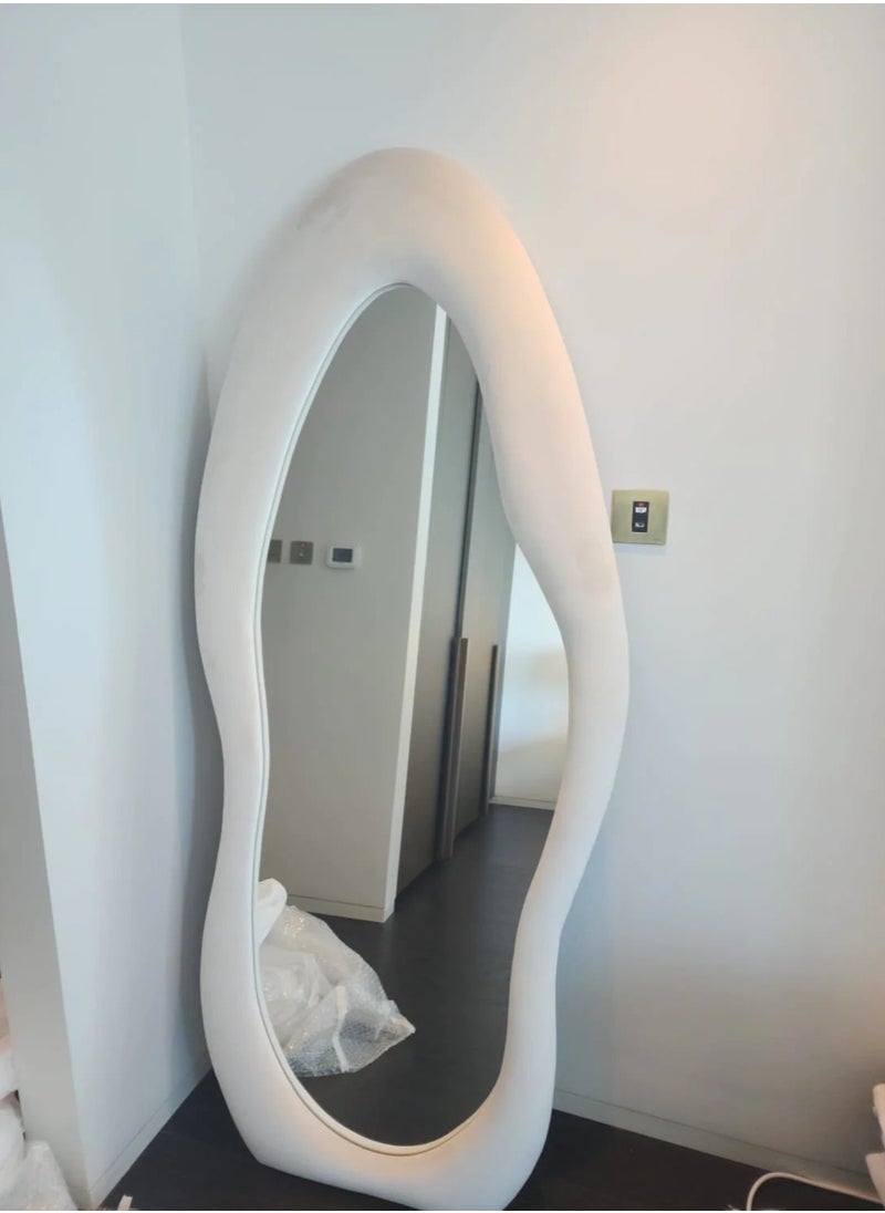 Vparty - 60x160cm Full-Length Irregular Wavy Mirror with Flannel-Wrapped Wooden Frame – White, Large Arched Design, Free Standing or Wall-Mounted, Stylish Full Body Mirror for Bedroom, Living Room, Hallway, Entryway, Modern Home Decor (White) - Image 1