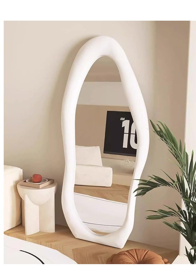 Vparty - 60x160cm Full-Length Irregular Wavy Mirror with Flannel-Wrapped Wooden Frame – White, Large Arched Design, Free Standing or Wall-Mounted, Stylish Full Body Mirror for Bedroom, Living Room, Hallway, Entryway, Modern Home Decor (White) - Image 1