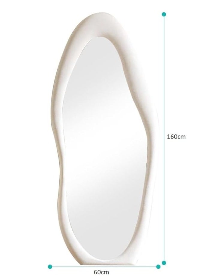 Vparty - 60x160cm Full-Length Irregular Wavy Mirror with Flannel-Wrapped Wooden Frame – White, Large Arched Design, Free Standing or Wall-Mounted, Stylish Full Body Mirror for Bedroom, Living Room, Hallway, Entryway, Modern Home Decor (White) - Image 1