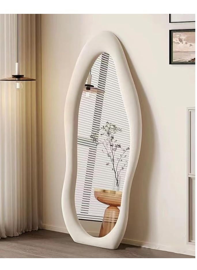 Vparty - 60x160cm Full-Length Irregular Wavy Mirror with Flannel-Wrapped Wooden Frame – White, Large Arched Design, Free Standing or Wall-Mounted, Stylish Full Body Mirror for Bedroom, Living Room, Hallway, Entryway, Modern Home Decor (White) - Image 1