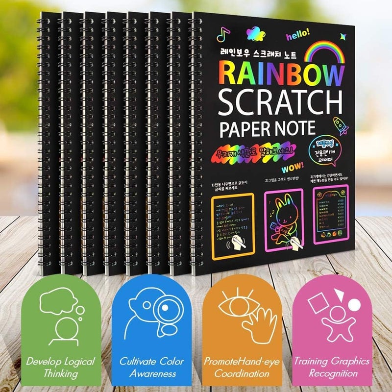 Kitoyz 8 حزمة من دفاتر الرسم بالخدش للأطفال، لوازم فنية للأطفال، مجموعة كبيرة من كتب الخدش والرسم بقوس قزح كهدايا لحفلات الأطفال - Image 5