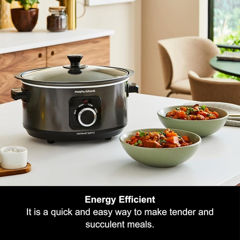 Morphy Richards 3.5L Sear & Stew Slow Cooker, Shatter Resistant Aluminium Pot, 3 Heat Settings, Hob Proof, Easy Clean, 163W, Black, 460012 - Image 2
