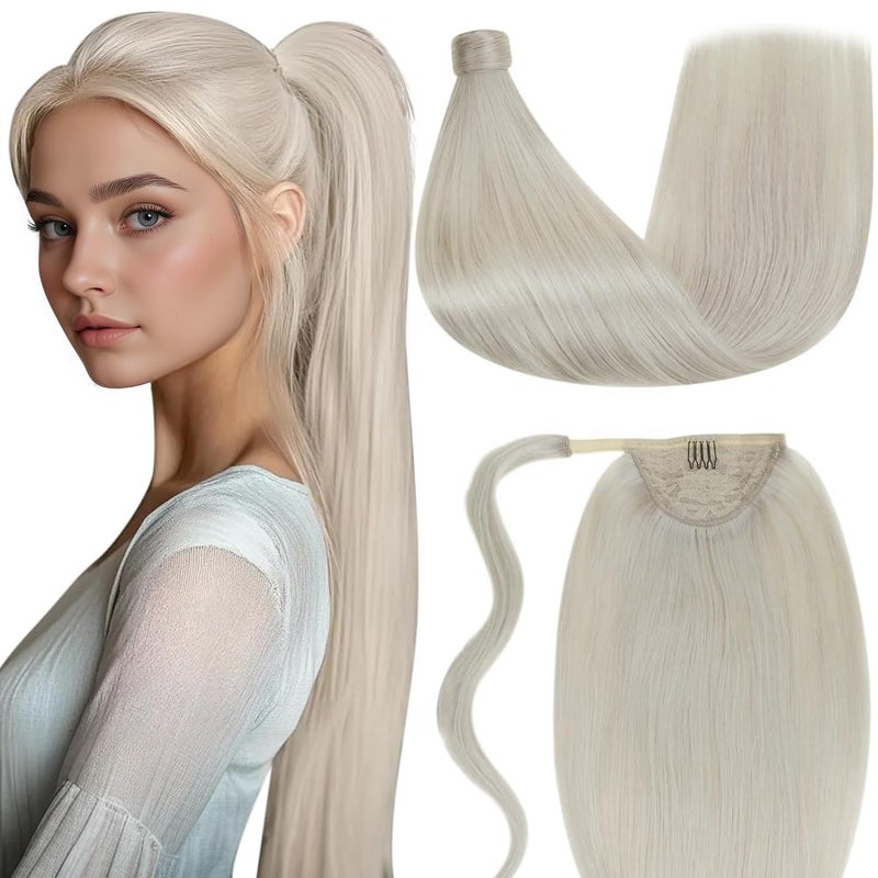 LaaVoo Ponytail Extension Human Hair Blonde Ponytail Extensions Human Hair Platinum Blonde 18 Inch 80g