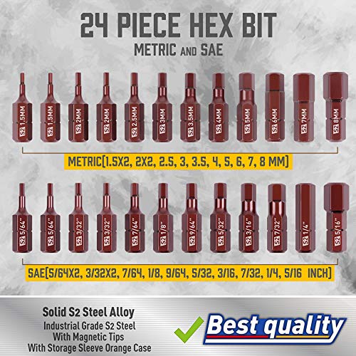 Amartisan 24-Piece Hex Head Allen Wrench Drill Bit Set, Metric and SAE S2 Steel Hex Bits Set, 1" Long - Image 4