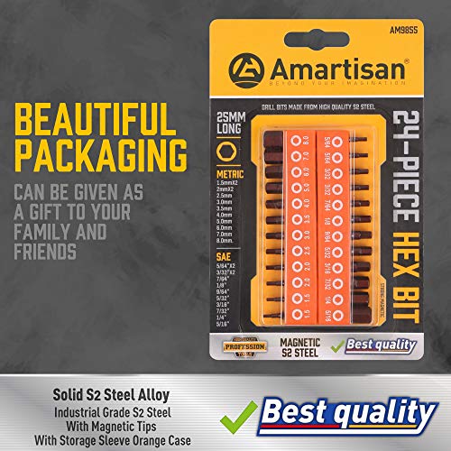 Amartisan 24-Piece Hex Head Allen Wrench Drill Bit Set, Metric and SAE S2 Steel Hex Bits Set, 1" Long - Image 5