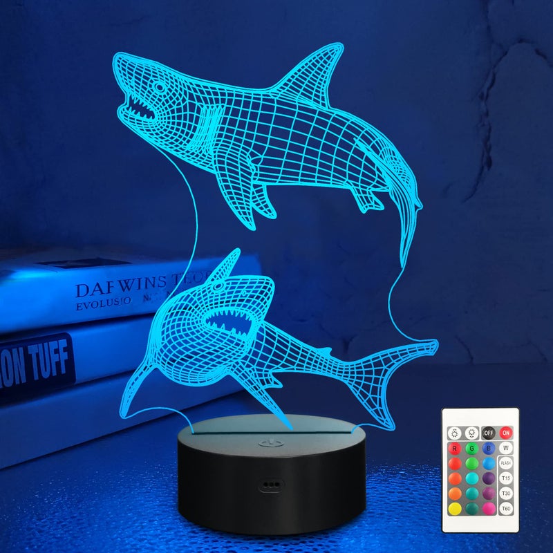 Lampeez Kids 3D Shark Night Light Optical Illusion Lamp with 16 Colors Remote Control Changing Birthday Gift Idea for Boys and Girls - Image 1