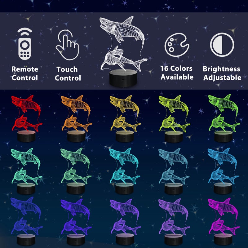 Lampeez Kids 3D Shark Night Light Optical Illusion Lamp with 16 Colors Remote Control Changing Birthday Gift Idea for Boys and Girls - Image 2