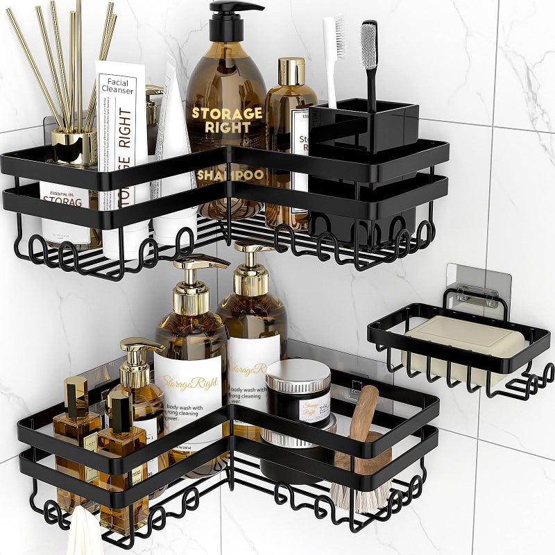 StorageRight 3 Pack Black Corner Shower Caddy with Soap Holder 2 Large  1 Soap Holder Style No Drilling Wall Mount Iron Shower Organizer Shelf with Hooks