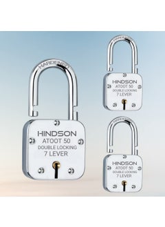 HINDSON HINDSON Atoot 50mm Lock Hardened Shackle Metal Body Double Locking 7 Steel Lever 3 Silver Keys with Keychain Pack of 3 Silver Finsih Made in India  - Image 1