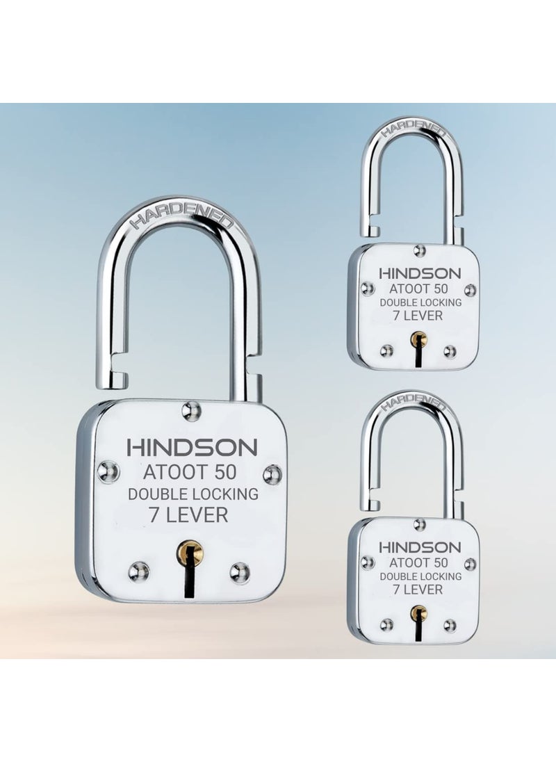 HINDSON HINDSON Atoot 50mm Lock Hardened Shackle Metal Body Double Locking 7 Steel Lever 3 Silver Keys with Keychain Pack of 3 Silver Finsih Made in India  - Image 1