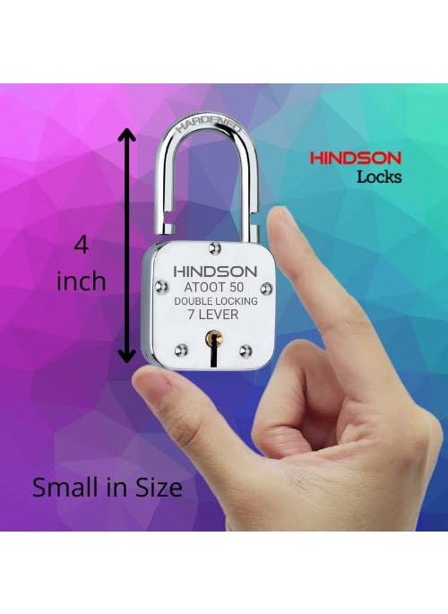 HINDSON HINDSON Atoot 50mm Lock Hardened Shackle Metal Body Double Locking 7 Steel Lever 3 Silver Keys with Keychain Pack of 3 Silver Finsih Made in India  - Image 3