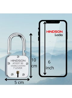 HINDSON HINDSON Atoot 50mm Lock Hardened Shackle Metal Body Double Locking 7 Steel Lever 3 Silver Keys with Keychain Pack of 3 Silver Finsih Made in India  - Image 4